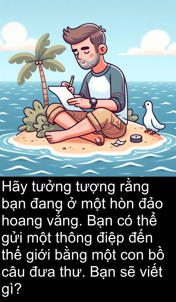 điệp: Hãy tưởng tượng rằng bạn đang ở một hòn đảo hoang vắng. Bạn có thể gửi một thông điệp đến thế giới bằng một con bồ câu đưa thư. Bạn sẽ viết gì?