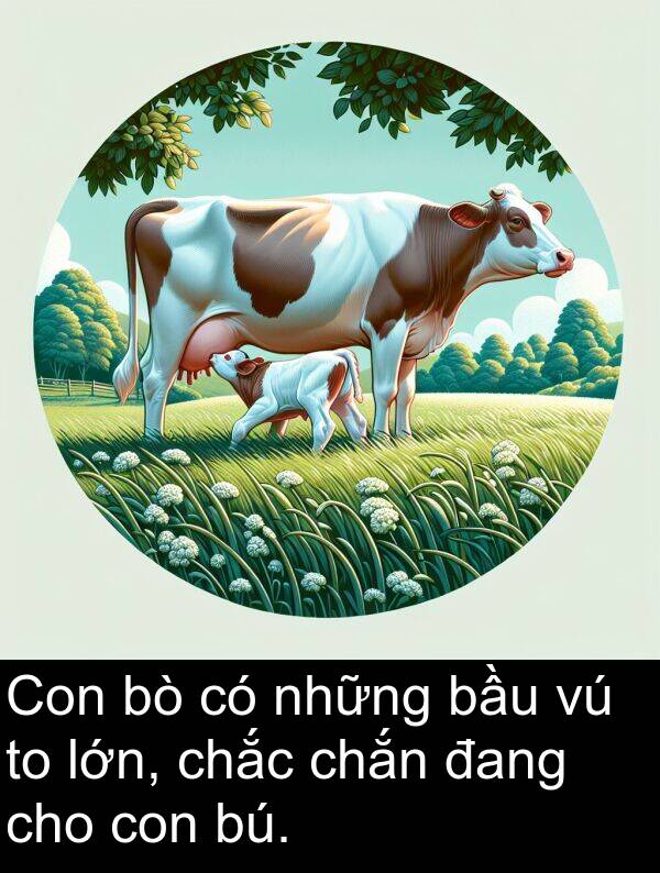 lớn: Con bò có những bầu vú to lớn, chắc chắn đang cho con bú.