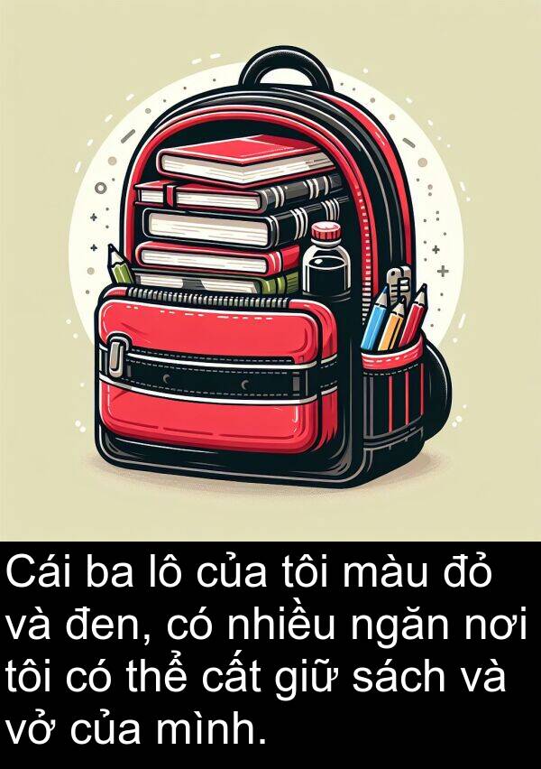 cất: Cái ba lô của tôi màu đỏ và đen, có nhiều ngăn nơi tôi có thể cất giữ sách và vở của mình.