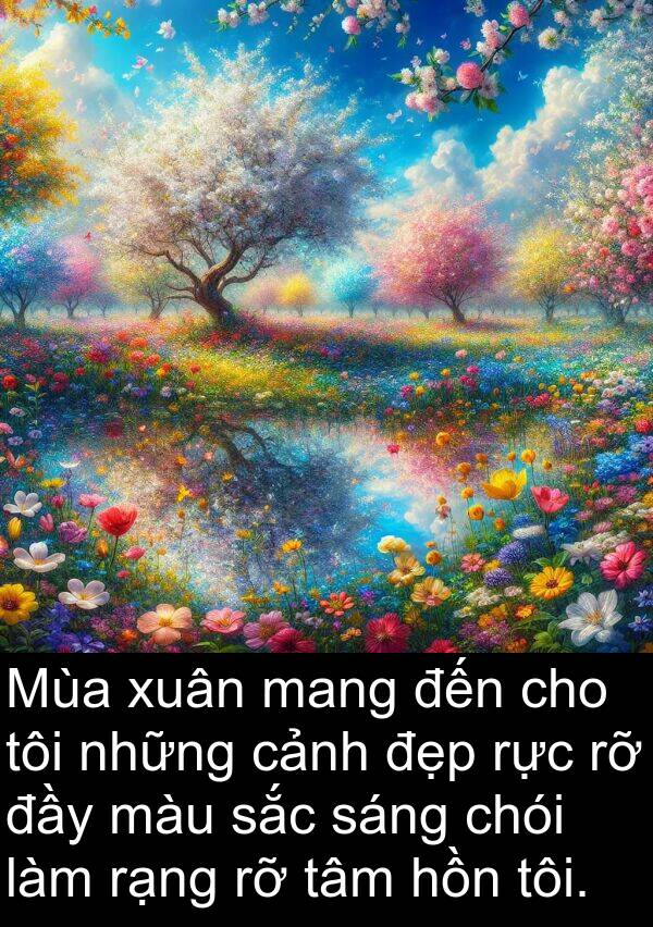 xuân: Mùa xuân mang đến cho tôi những cảnh đẹp rực rỡ đầy màu sắc sáng chói làm rạng rỡ tâm hồn tôi.