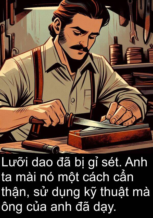 sét: Lưỡi dao đã bị gỉ sét. Anh ta mài nó một cách cẩn thận, sử dụng kỹ thuật mà ông của anh đã dạy.