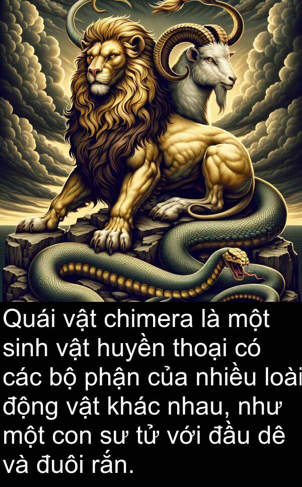 thoại: Quái vật chimera là một sinh vật huyền thoại có các bộ phận của nhiều loài động vật khác nhau, như một con sư tử với đầu dê và đuôi rắn.