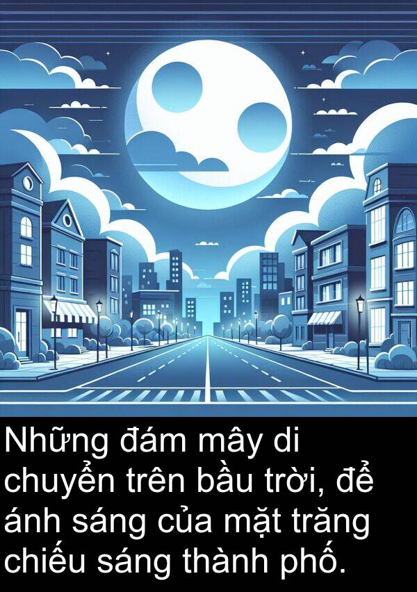 trăng: Những đám mây di chuyển trên bầu trời, để ánh sáng của mặt trăng chiếu sáng thành phố.