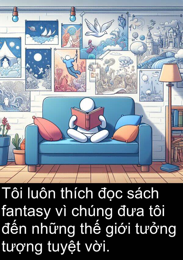 fantasy: Tôi luôn thích đọc sách fantasy vì chúng đưa tôi đến những thế giới tưởng tượng tuyệt vời.