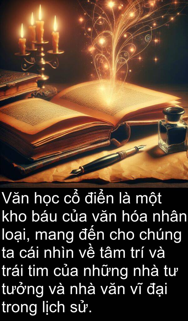 tim: Văn học cổ điển là một kho báu của văn hóa nhân loại, mang đến cho chúng ta cái nhìn về tâm trí và trái tim của những nhà tư tưởng và nhà văn vĩ đại trong lịch sử.