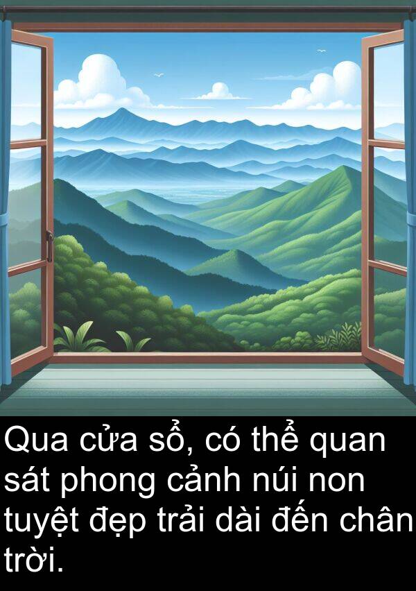 trải: Qua cửa sổ, có thể quan sát phong cảnh núi non tuyệt đẹp trải dài đến chân trời.