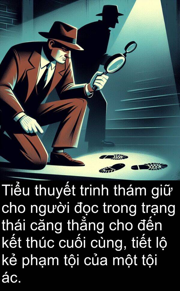 thám: Tiểu thuyết trinh thám giữ cho người đọc trong trạng thái căng thẳng cho đến kết thúc cuối cùng, tiết lộ kẻ phạm tội của một tội ác.