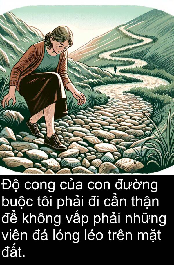 cong: Độ cong của con đường buộc tôi phải đi cẩn thận để không vấp phải những viên đá lỏng lẻo trên mặt đất.