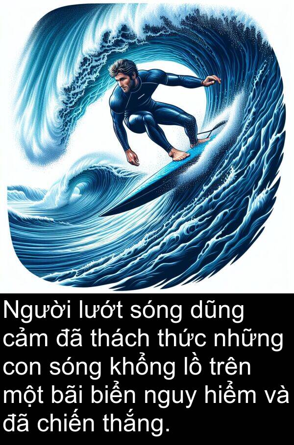 thách: Người lướt sóng dũng cảm đã thách thức những con sóng khổng lồ trên một bãi biển nguy hiểm và đã chiến thắng.