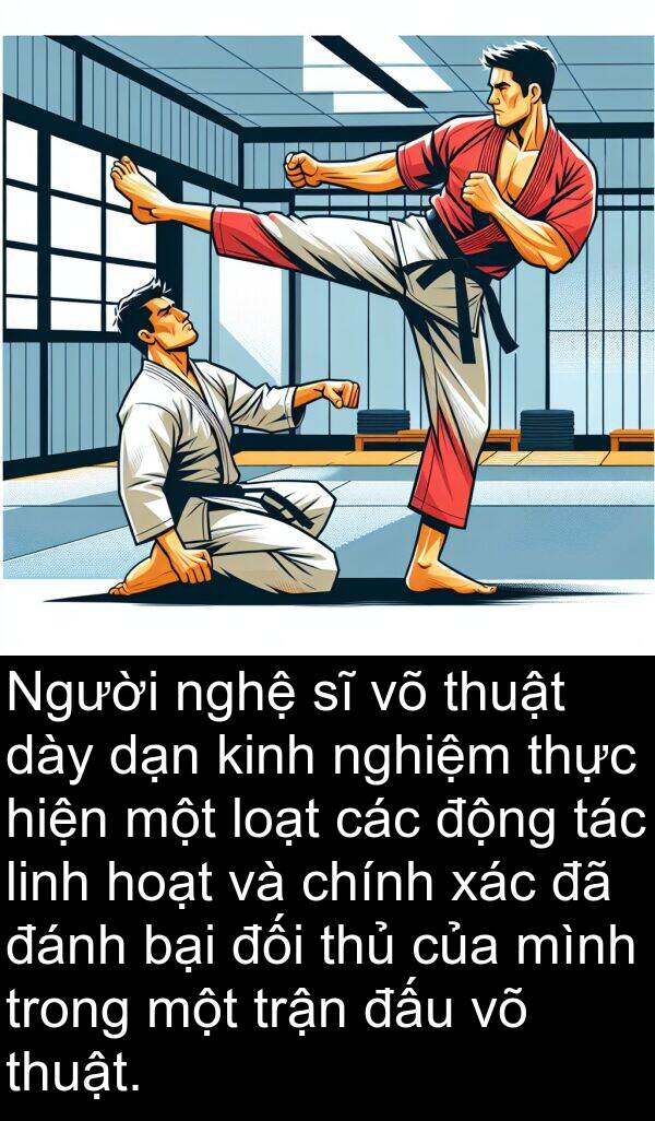 nghiệm: Người nghệ sĩ võ thuật dày dạn kinh nghiệm thực hiện một loạt các động tác linh hoạt và chính xác đã đánh bại đối thủ của mình trong một trận đấu võ thuật.