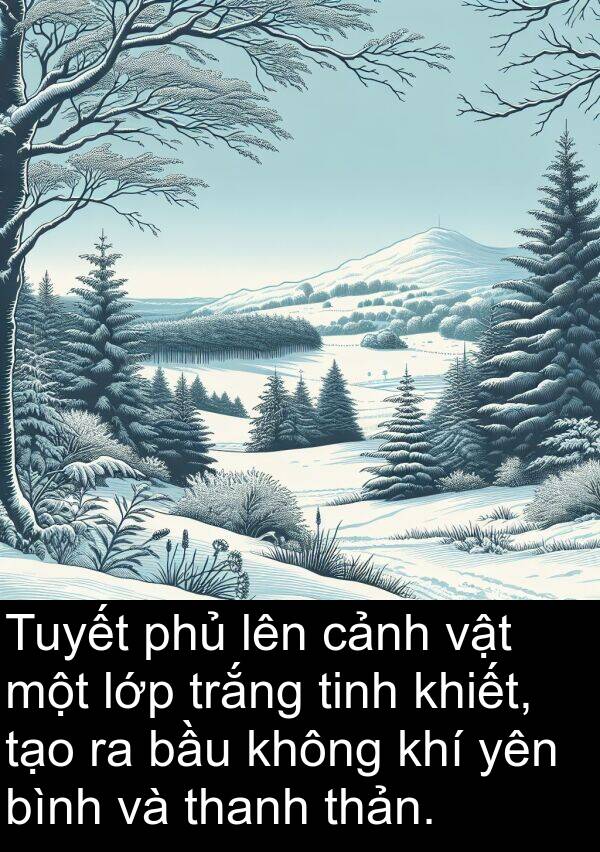 lớp: Tuyết phủ lên cảnh vật một lớp trắng tinh khiết, tạo ra bầu không khí yên bình và thanh thản.