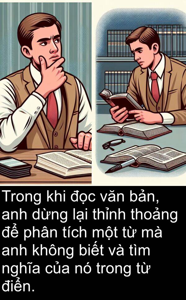 nghĩa: Trong khi đọc văn bản, anh dừng lại thỉnh thoảng để phân tích một từ mà anh không biết và tìm nghĩa của nó trong từ điển.