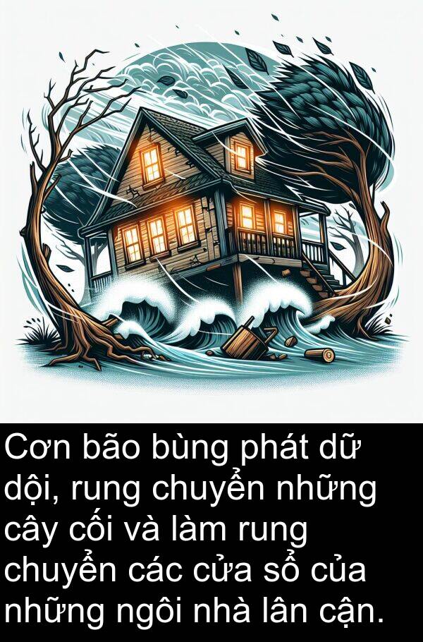 cối: Cơn bão bùng phát dữ dội, rung chuyển những cây cối và làm rung chuyển các cửa sổ của những ngôi nhà lân cận.