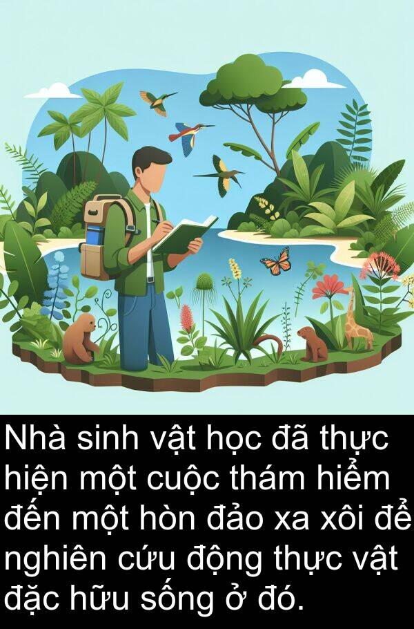 thám: Nhà sinh vật học đã thực hiện một cuộc thám hiểm đến một hòn đảo xa xôi để nghiên cứu động thực vật đặc hữu sống ở đó.