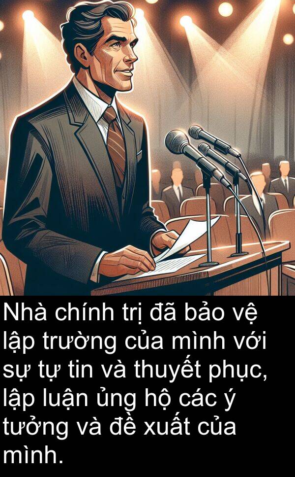 trị: Nhà chính trị đã bảo vệ lập trường của mình với sự tự tin và thuyết phục, lập luận ủng hộ các ý tưởng và đề xuất của mình.