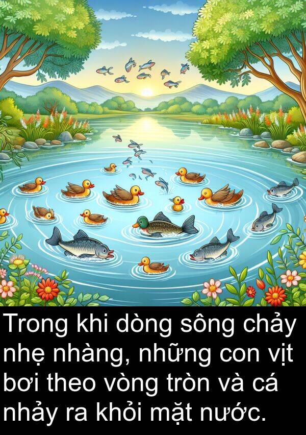 sông: Trong khi dòng sông chảy nhẹ nhàng, những con vịt bơi theo vòng tròn và cá nhảy ra khỏi mặt nước.