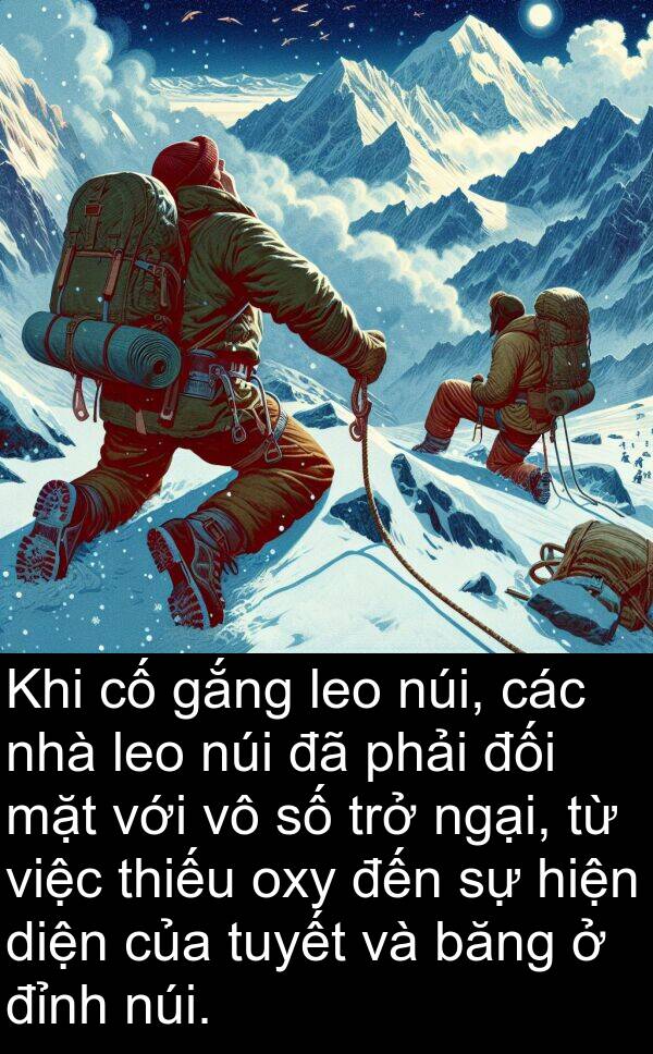 oxy: Khi cố gắng leo núi, các nhà leo núi đã phải đối mặt với vô số trở ngại, từ việc thiếu oxy đến sự hiện diện của tuyết và băng ở đỉnh núi.