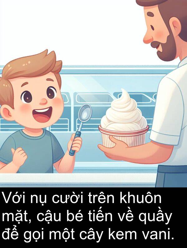 cười: Với nụ cười trên khuôn mặt, cậu bé tiến về quầy để gọi một cây kem vani.