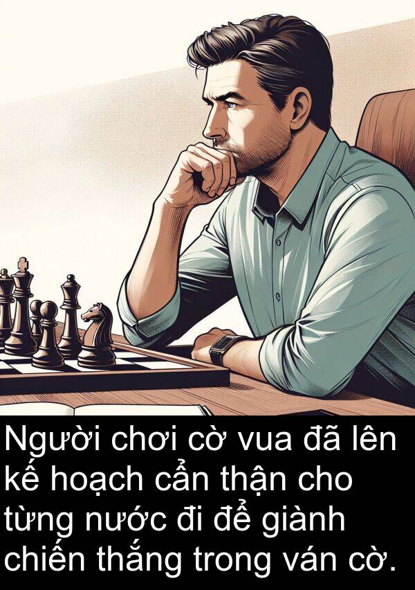 thắng: Người chơi cờ vua đã lên kế hoạch cẩn thận cho từng nước đi để giành chiến thắng trong ván cờ.