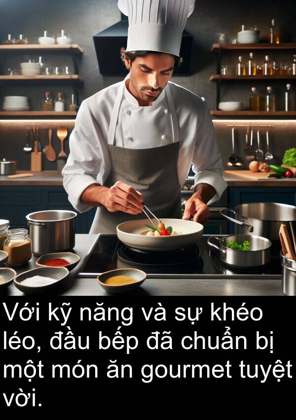 chuẩn: Với kỹ năng và sự khéo léo, đầu bếp đã chuẩn bị một món ăn gourmet tuyệt vời.