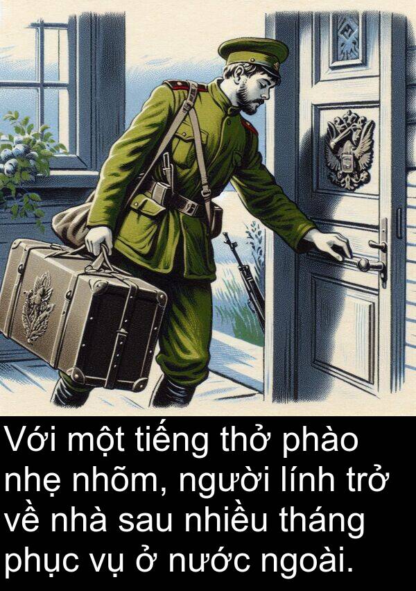 thở: Với một tiếng thở phào nhẹ nhõm, người lính trở về nhà sau nhiều tháng phục vụ ở nước ngoài.