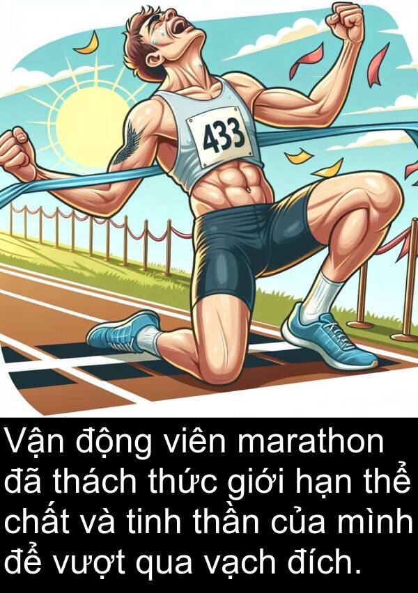 thách: Vận động viên marathon đã thách thức giới hạn thể chất và tinh thần của mình để vượt qua vạch đích.