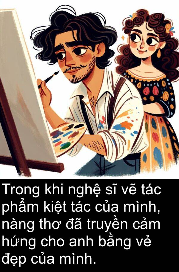 truyền: Trong khi nghệ sĩ vẽ tác phẩm kiệt tác của mình, nàng thơ đã truyền cảm hứng cho anh bằng vẻ đẹp của mình.