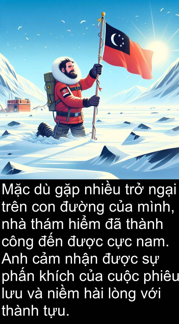 thám: Mặc dù gặp nhiều trở ngại trên con đường của mình, nhà thám hiểm đã thành công đến được cực nam. Anh cảm nhận được sự phấn khích của cuộc phiêu lưu và niềm hài lòng với thành tựu.