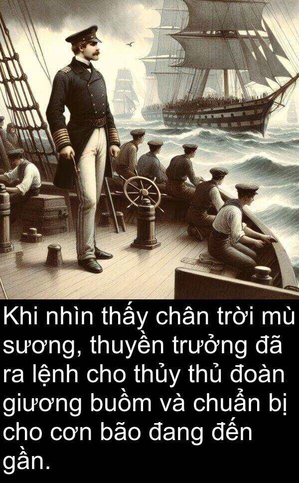 cơn: Khi nhìn thấy chân trời mù sương, thuyền trưởng đã ra lệnh cho thủy thủ đoàn giương buồm và chuẩn bị cho cơn bão đang đến gần.