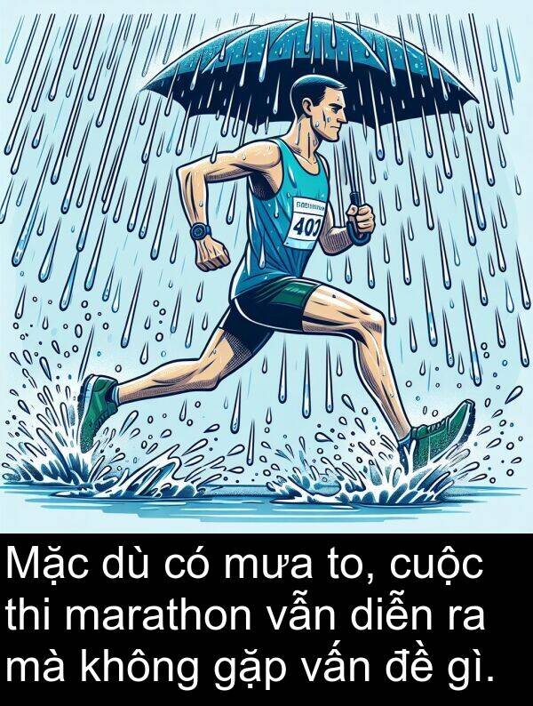 to: Mặc dù có mưa to, cuộc thi marathon vẫn diễn ra mà không gặp vấn đề gì.