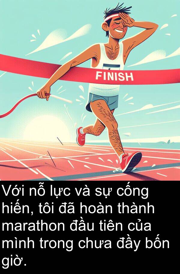 tiên: Với nỗ lực và sự cống hiến, tôi đã hoàn thành marathon đầu tiên của mình trong chưa đầy bốn giờ.