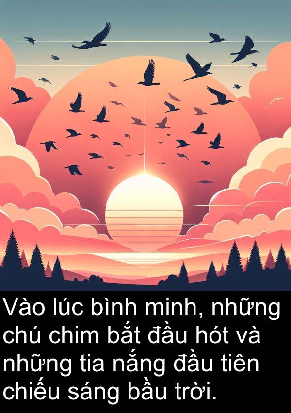 tiên: Vào lúc bình minh, những chú chim bắt đầu hót và những tia nắng đầu tiên chiếu sáng bầu trời.