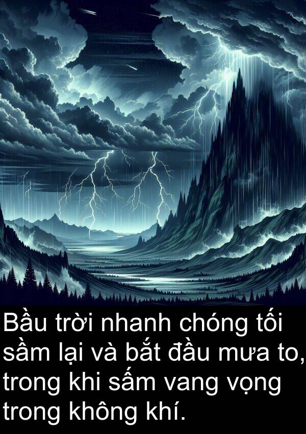 to: Bầu trời nhanh chóng tối sầm lại và bắt đầu mưa to, trong khi sấm vang vọng trong không khí.