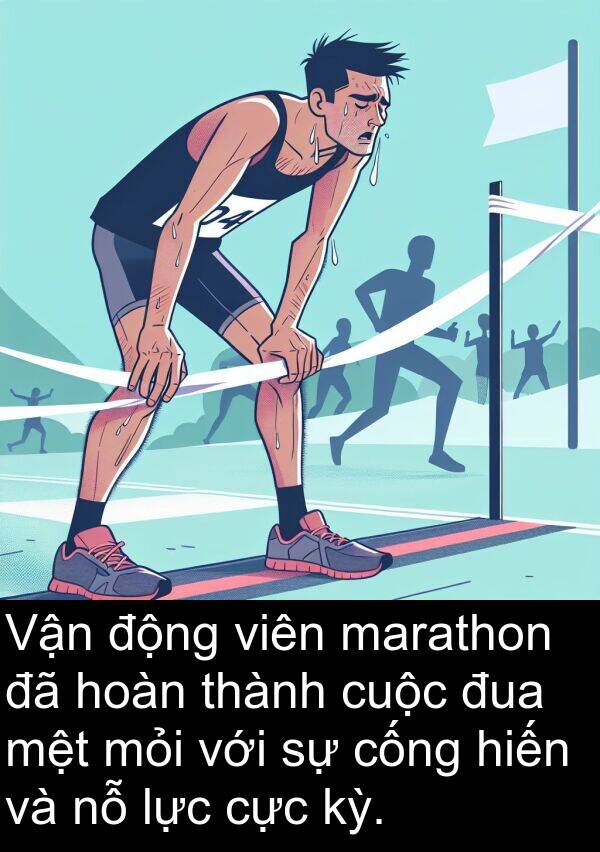 mỏi: Vận động viên marathon đã hoàn thành cuộc đua mệt mỏi với sự cống hiến và nỗ lực cực kỳ.