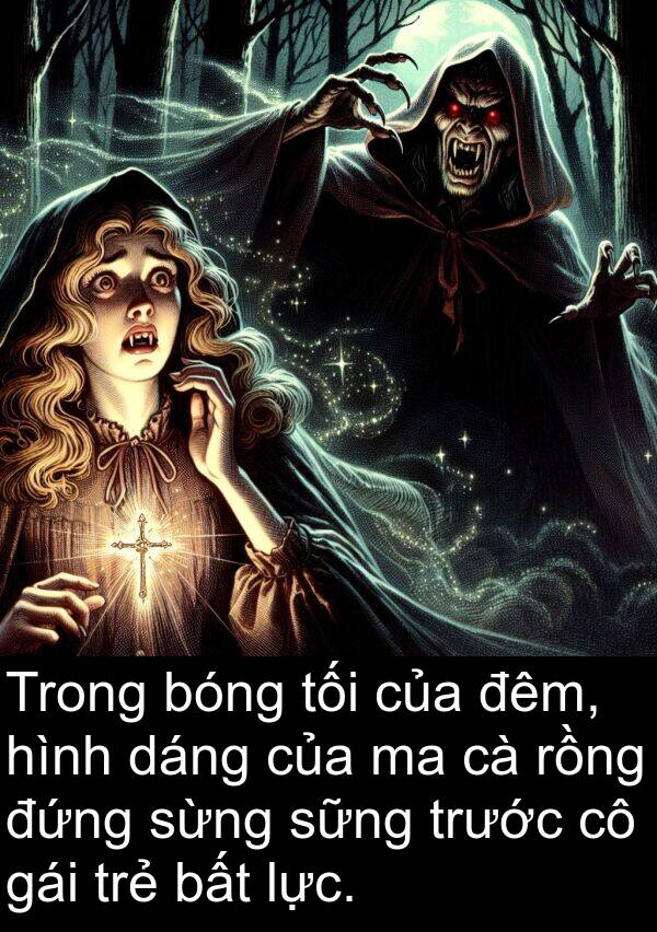 sừng: Trong bóng tối của đêm, hình dáng của ma cà rồng đứng sừng sững trước cô gái trẻ bất lực.