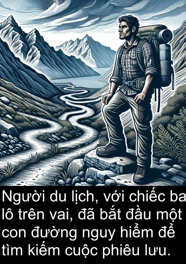 lưu: Người du lịch, với chiếc ba lô trên vai, đã bắt đầu một con đường nguy hiểm để tìm kiếm cuộc phiêu lưu.