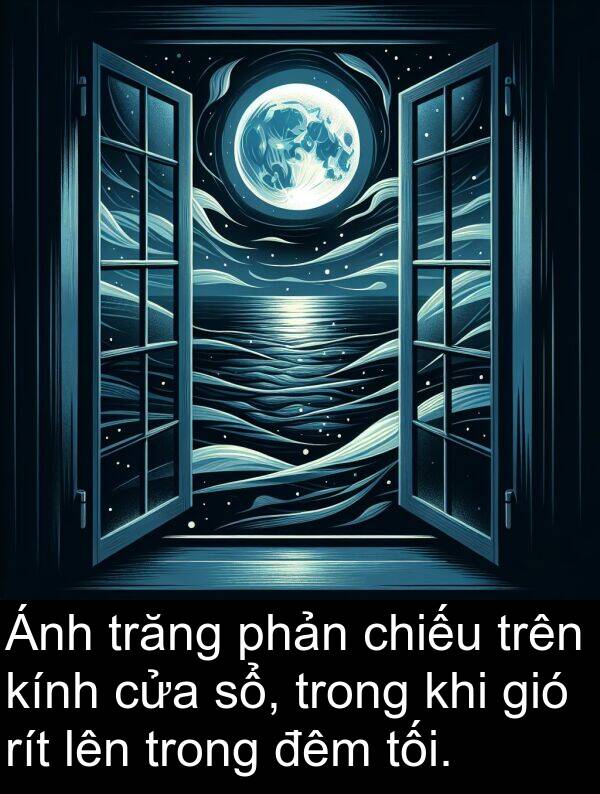 trăng: Ánh trăng phản chiếu trên kính cửa sổ, trong khi gió rít lên trong đêm tối.