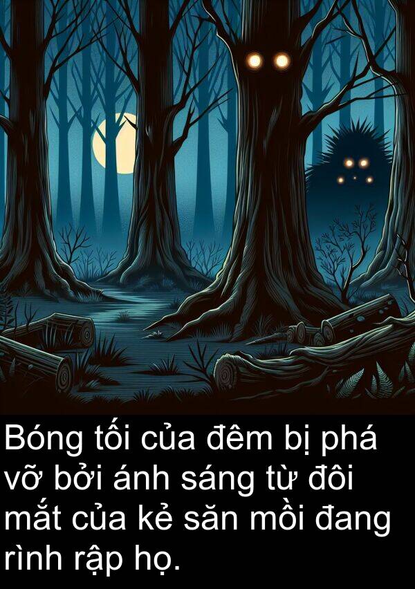 mắt: Bóng tối của đêm bị phá vỡ bởi ánh sáng từ đôi mắt của kẻ săn mồi đang rình rập họ.