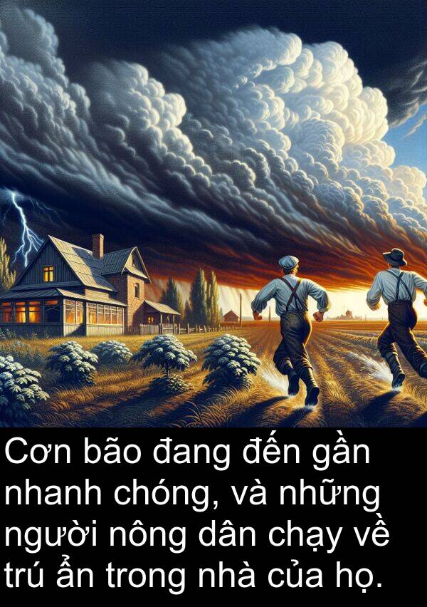 chóng: Cơn bão đang đến gần nhanh chóng, và những người nông dân chạy về trú ẩn trong nhà của họ.