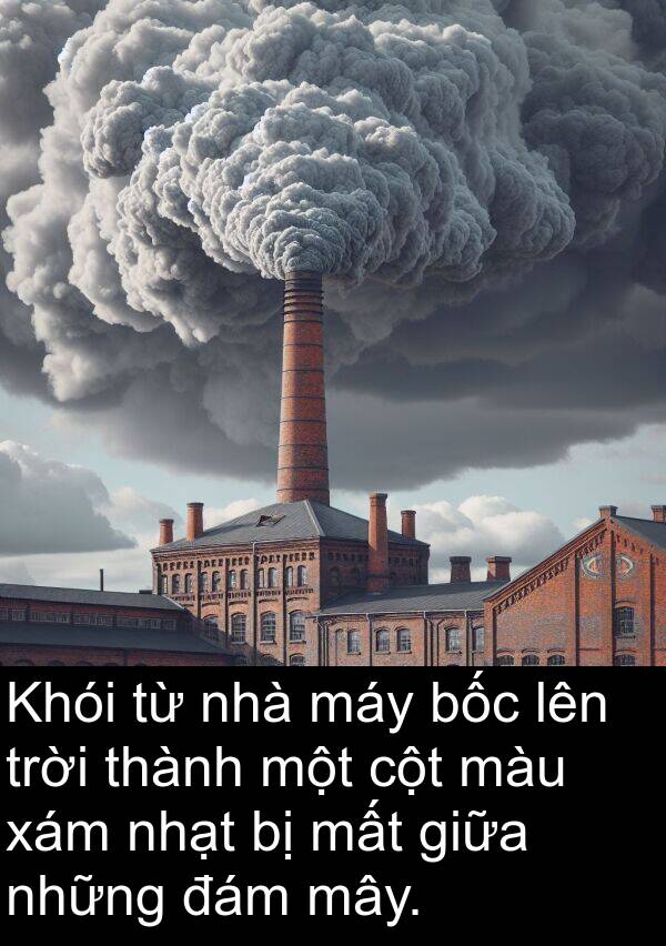 nhạt: Khói từ nhà máy bốc lên trời thành một cột màu xám nhạt bị mất giữa những đám mây.