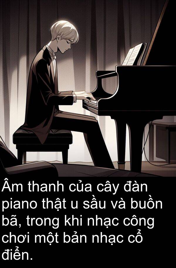 piano: Âm thanh của cây đàn piano thật u sầu và buồn bã, trong khi nhạc công chơi một bản nhạc cổ điển.