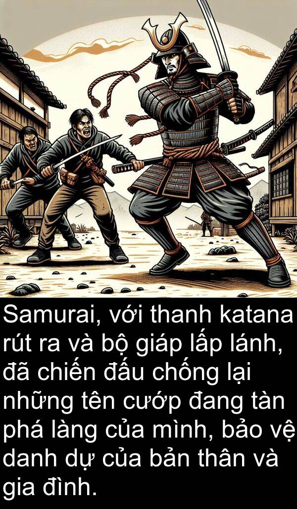 lấp: Samurai, với thanh katana rút ra và bộ giáp lấp lánh, đã chiến đấu chống lại những tên cướp đang tàn phá làng của mình, bảo vệ danh dự của bản thân và gia đình.