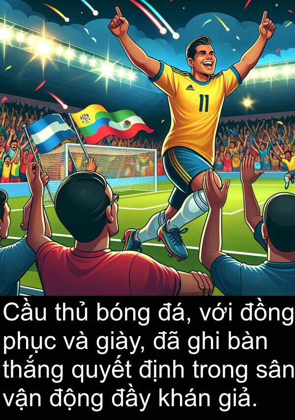 thắng: Cầu thủ bóng đá, với đồng phục và giày, đã ghi bàn thắng quyết định trong sân vận động đầy khán giả.