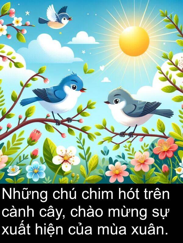 xuân: Những chú chim hót trên cành cây, chào mừng sự xuất hiện của mùa xuân.