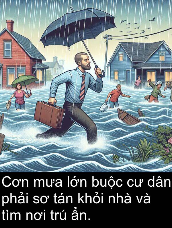 phải: Cơn mưa lớn buộc cư dân phải sơ tán khỏi nhà và tìm nơi trú ẩn.