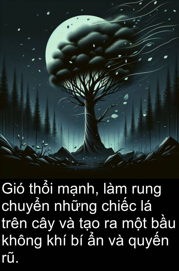 thổi: Gió thổi mạnh, làm rung chuyển những chiếc lá trên cây và tạo ra một bầu không khí bí ẩn và quyến rũ.