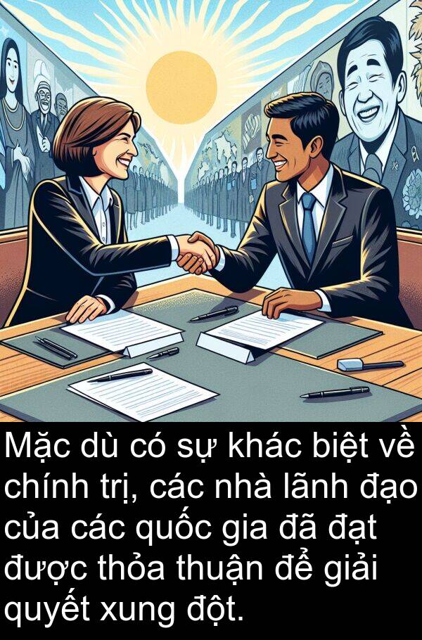 trị: Mặc dù có sự khác biệt về chính trị, các nhà lãnh đạo của các quốc gia đã đạt được thỏa thuận để giải quyết xung đột.