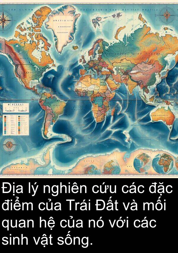 mối: Địa lý nghiên cứu các đặc điểm của Trái Đất và mối quan hệ của nó với các sinh vật sống.
