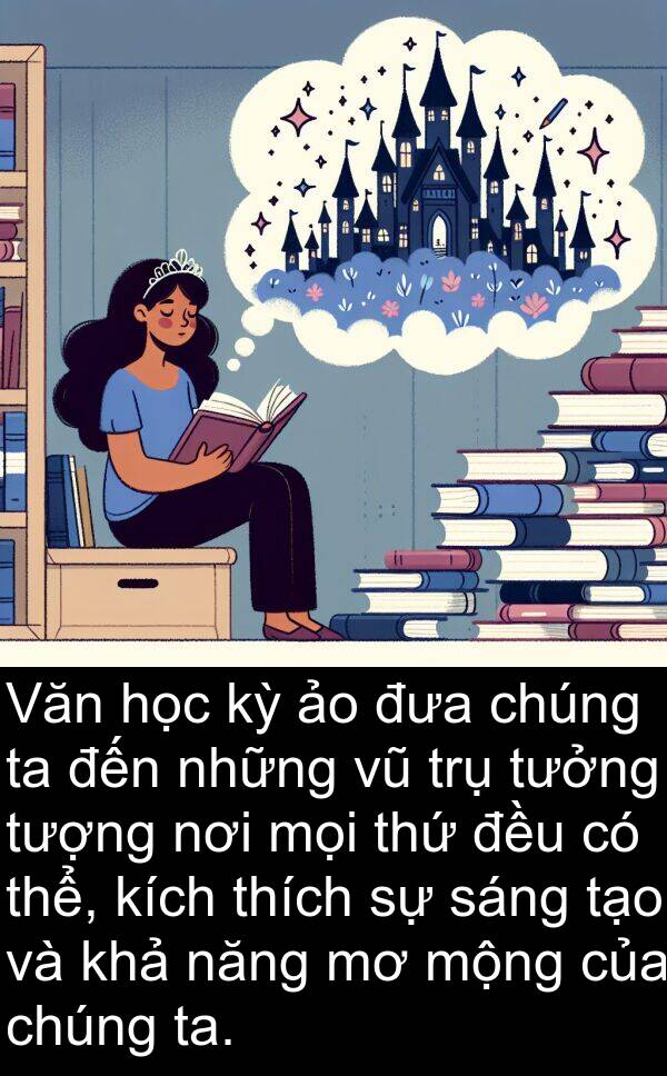 trụ: Văn học kỳ ảo đưa chúng ta đến những vũ trụ tưởng tượng nơi mọi thứ đều có thể, kích thích sự sáng tạo và khả năng mơ mộng của chúng ta.