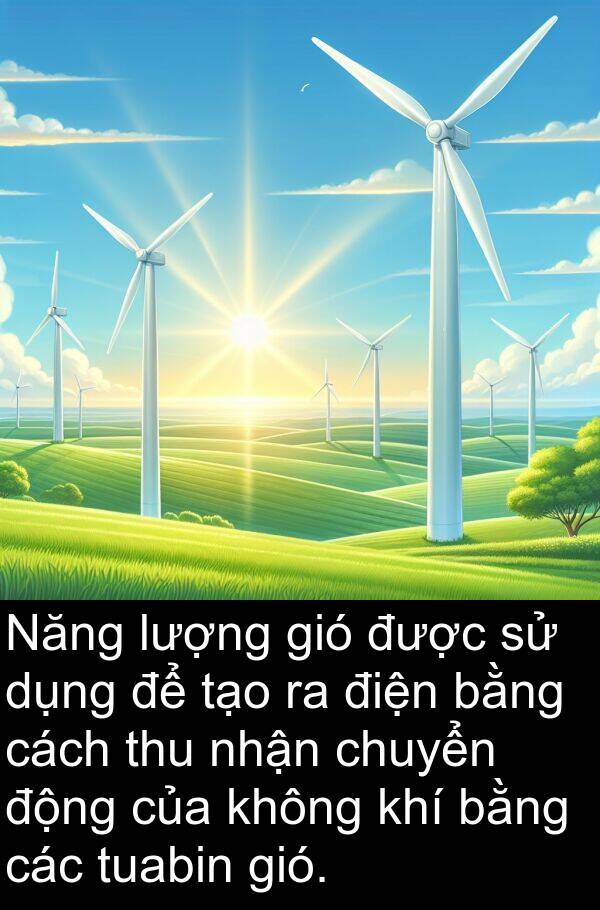 thu: Năng lượng gió được sử dụng để tạo ra điện bằng cách thu nhận chuyển động của không khí bằng các tuabin gió.